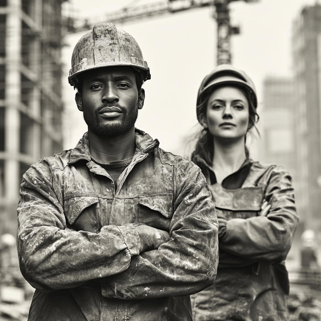 Builder and architect with workers at construction site.