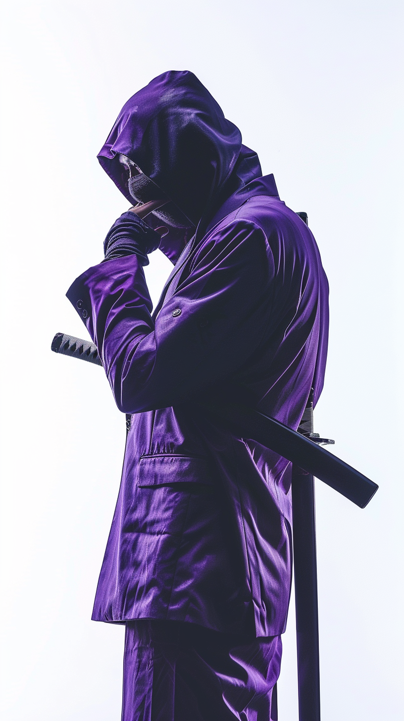 Businessman ninja in purple hooded suit deep in thought.