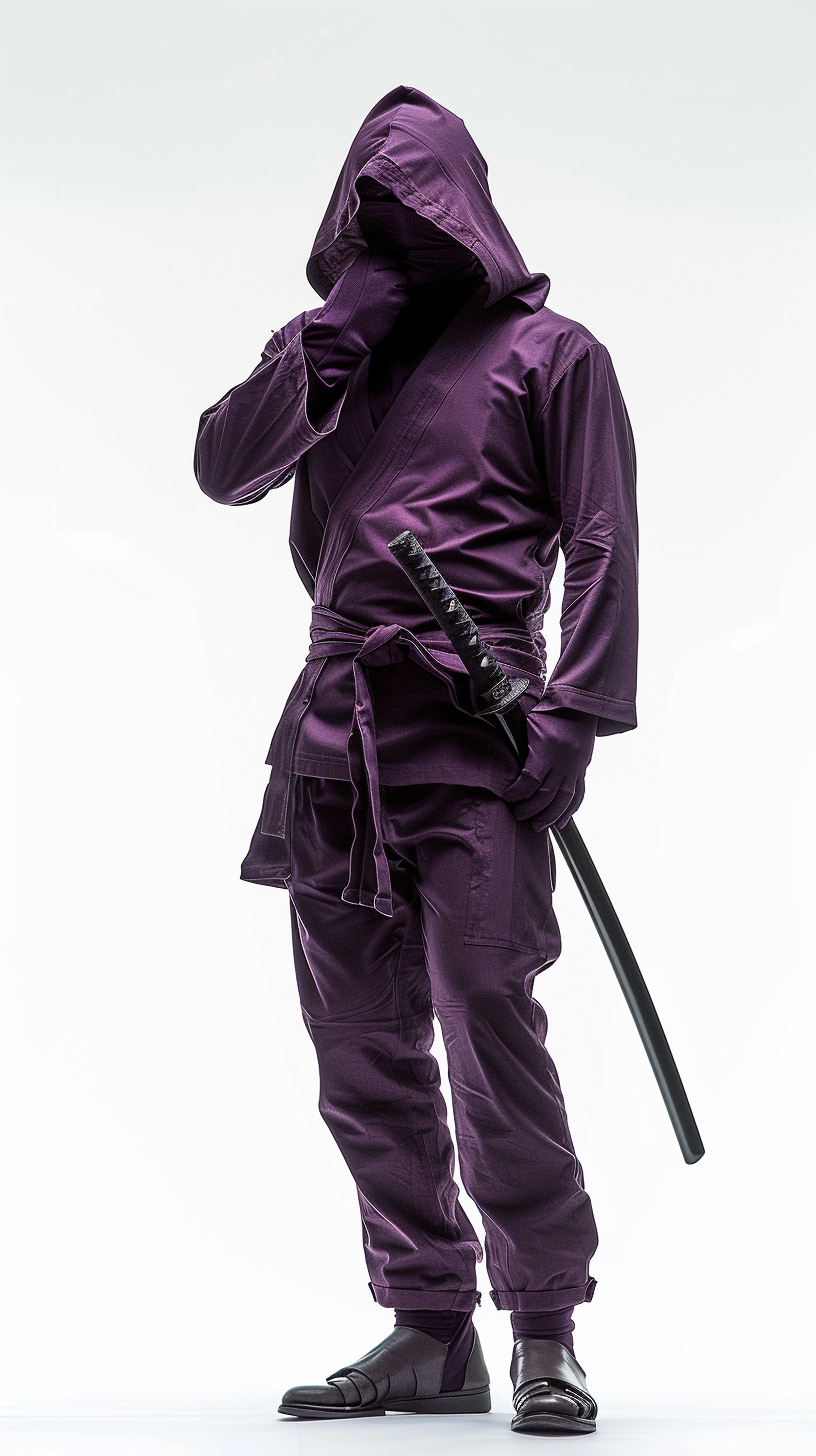 Businessman ninja with purple hooded suit and katana.