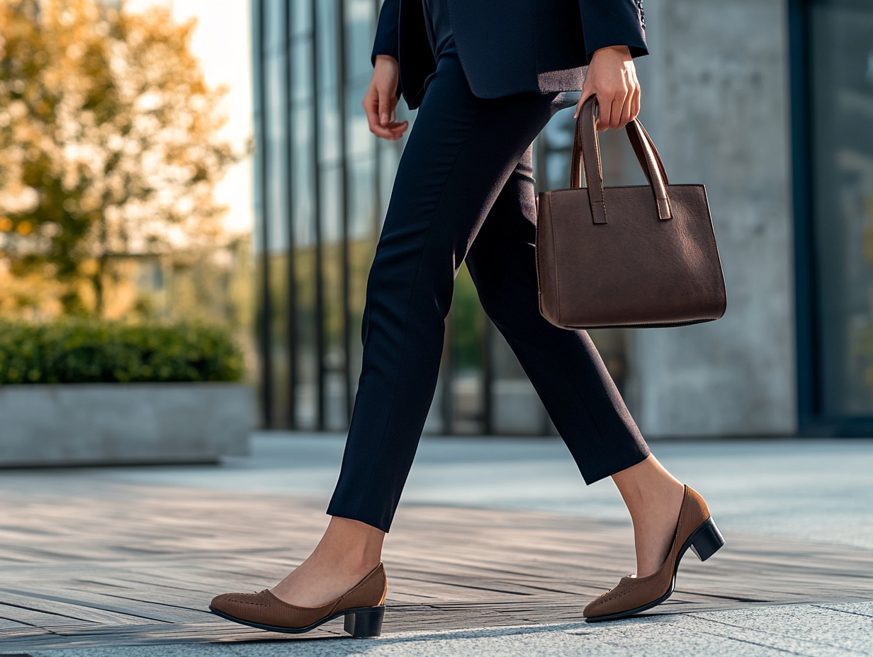 Businesswoman in blue suit walking outside office building.