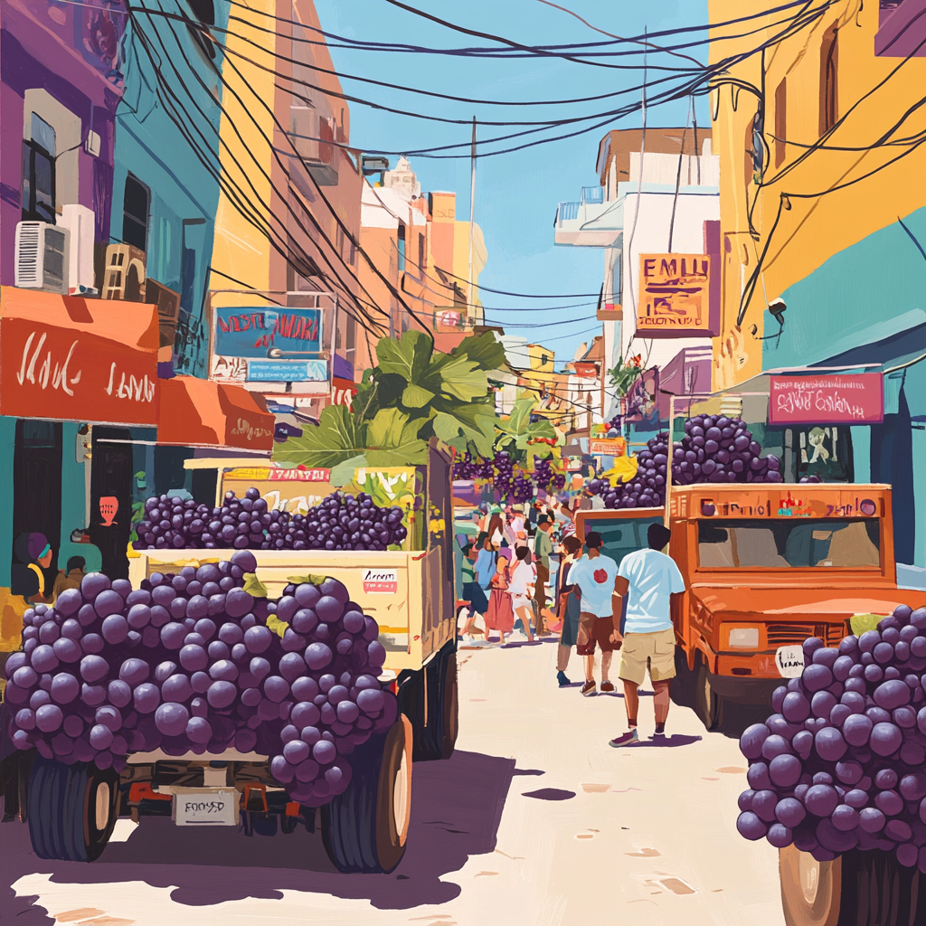 Busy Latin American city street with grape theme everywhere.