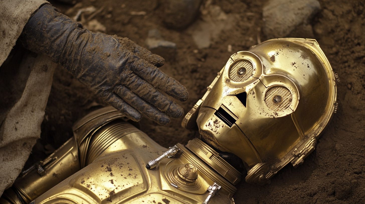 C3PO in dirt, touched by robed arm.