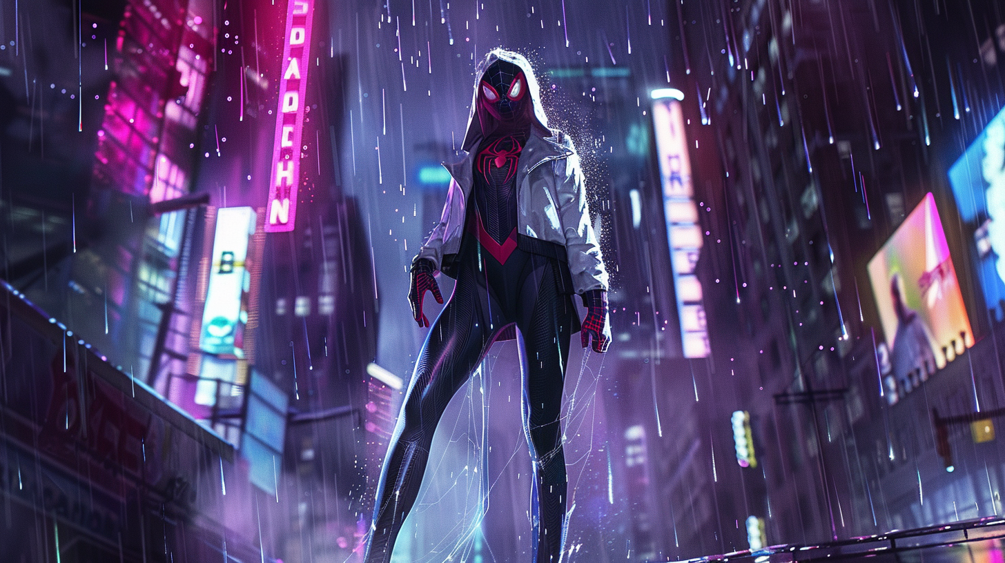 Calm Gwen Stacy in Spider-Gwen suit on rainy rooftop.