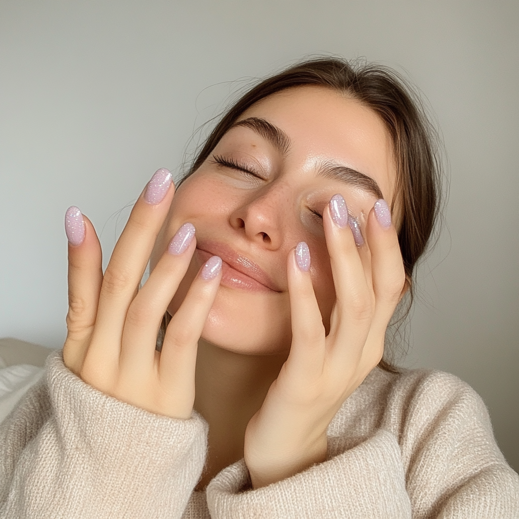 Candid photo of white woman showing shimmery lavender nails.