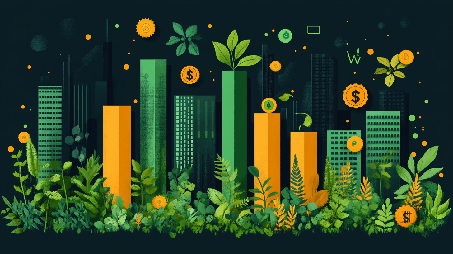 Carbon Market Growth Projection Infographic: Chart to 2050. Highlight company share, dollar signs, energy symbols.