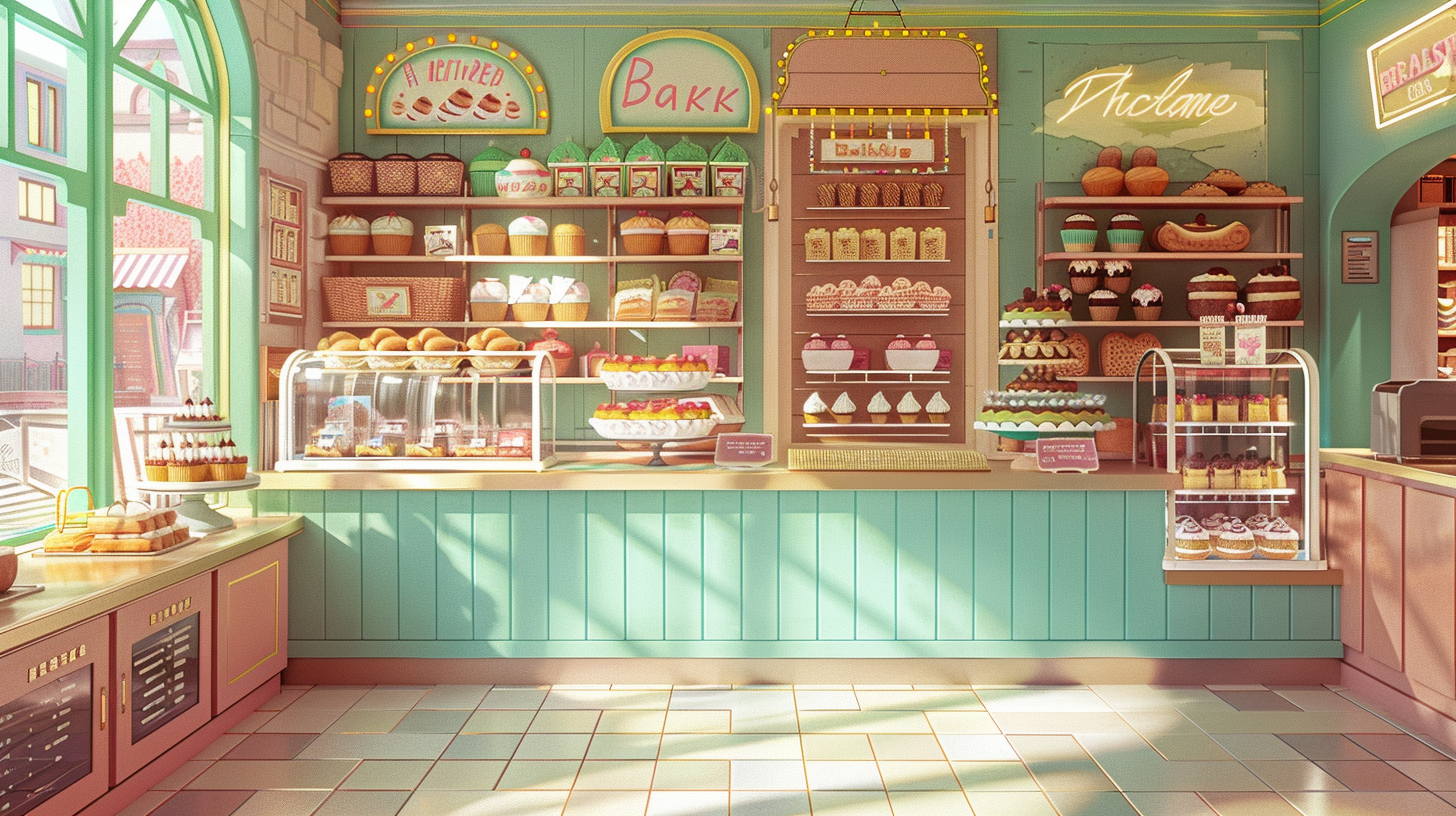 Cartoon Bakery Interior Background: Hybrid Style Graphics 4K