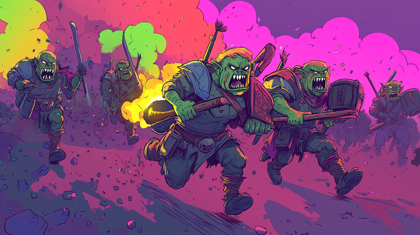 Cartoon Orc army charging with weapons and grenades.