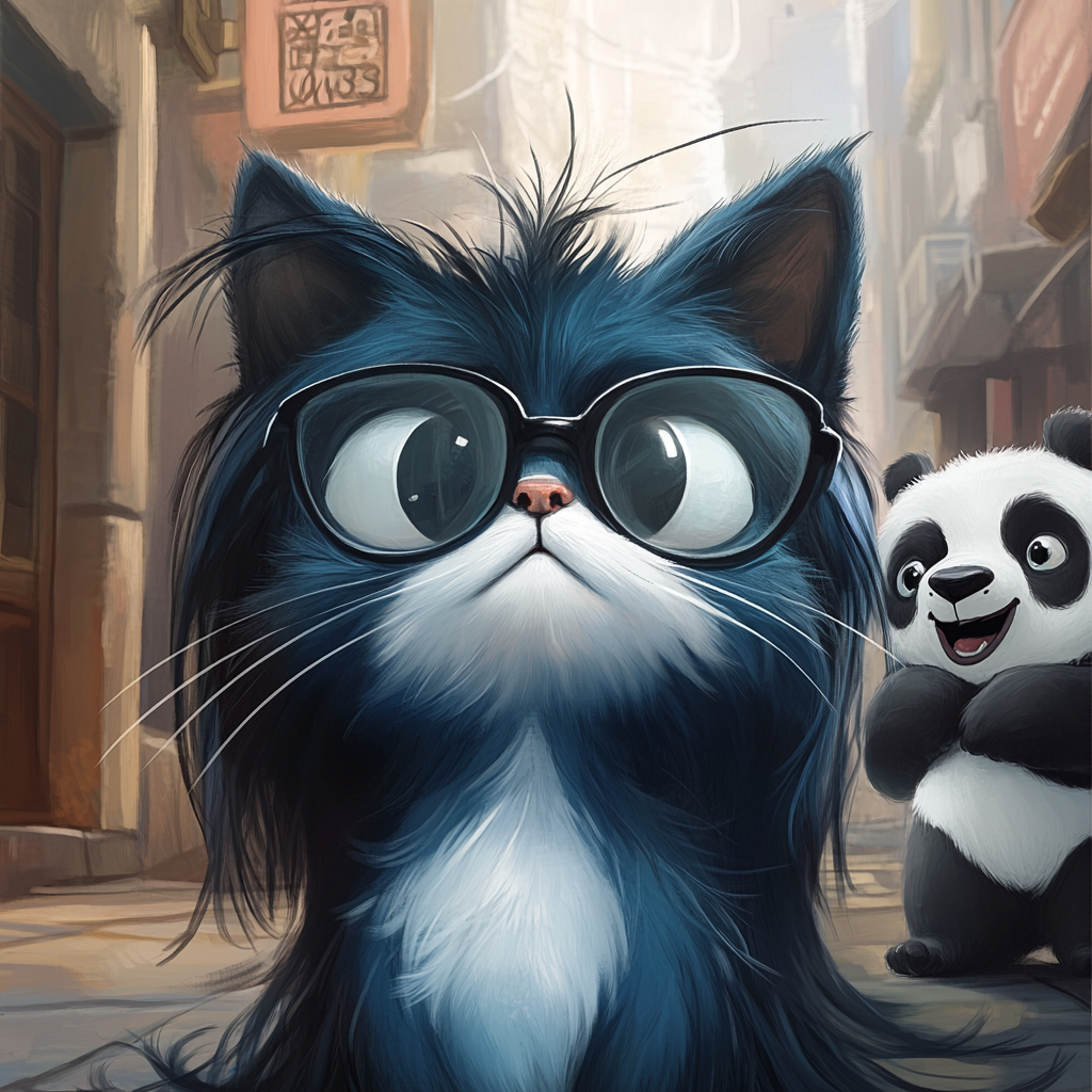 Cartoon cat with blue fur, shaved left side. Sloth, panda cub in background, playful theme.