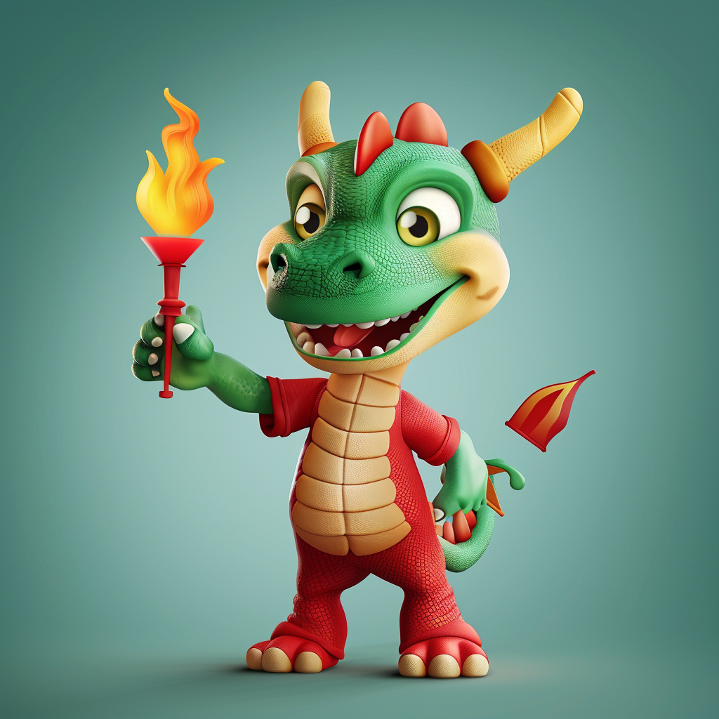 Cartoon dragon holding sports torch, playful, detailed design.