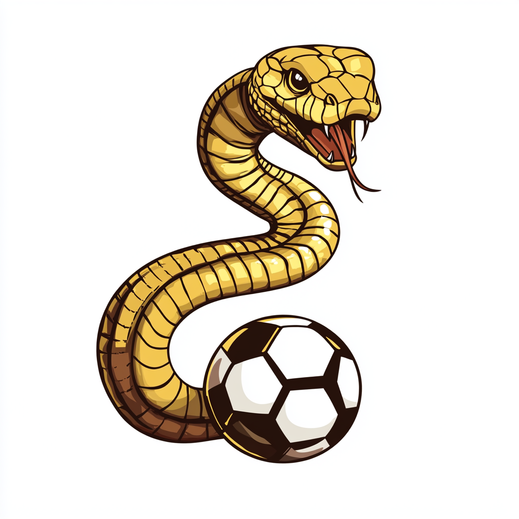 Cartoon gold cobra kicking soccer ball, logo design