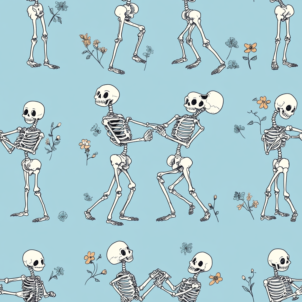 Cartoon skeleton couples slow dance, Edward Gorey style.