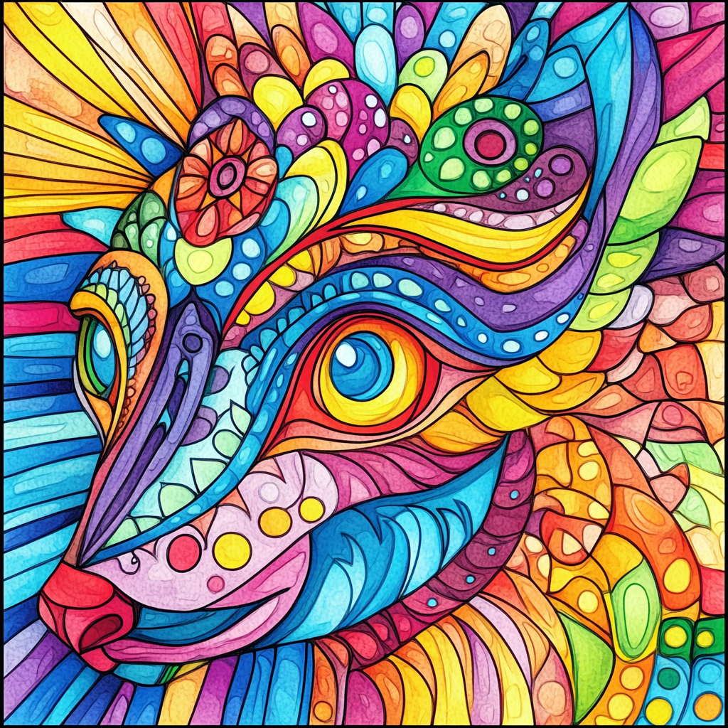 Cartoon style coloring page with vibrant watercolor.