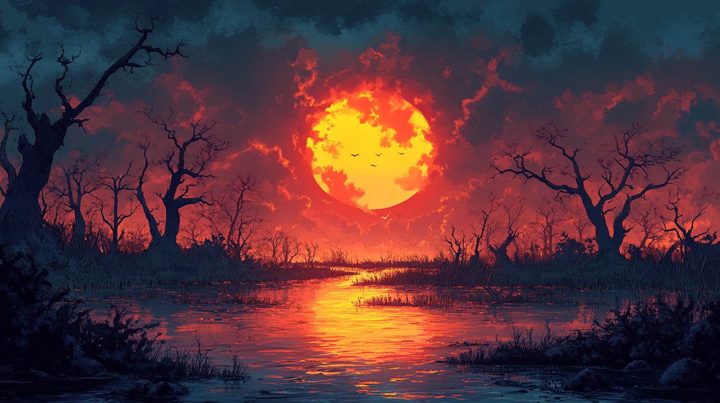 Cartoon swamp illustration with nostalgic, eerie vibe