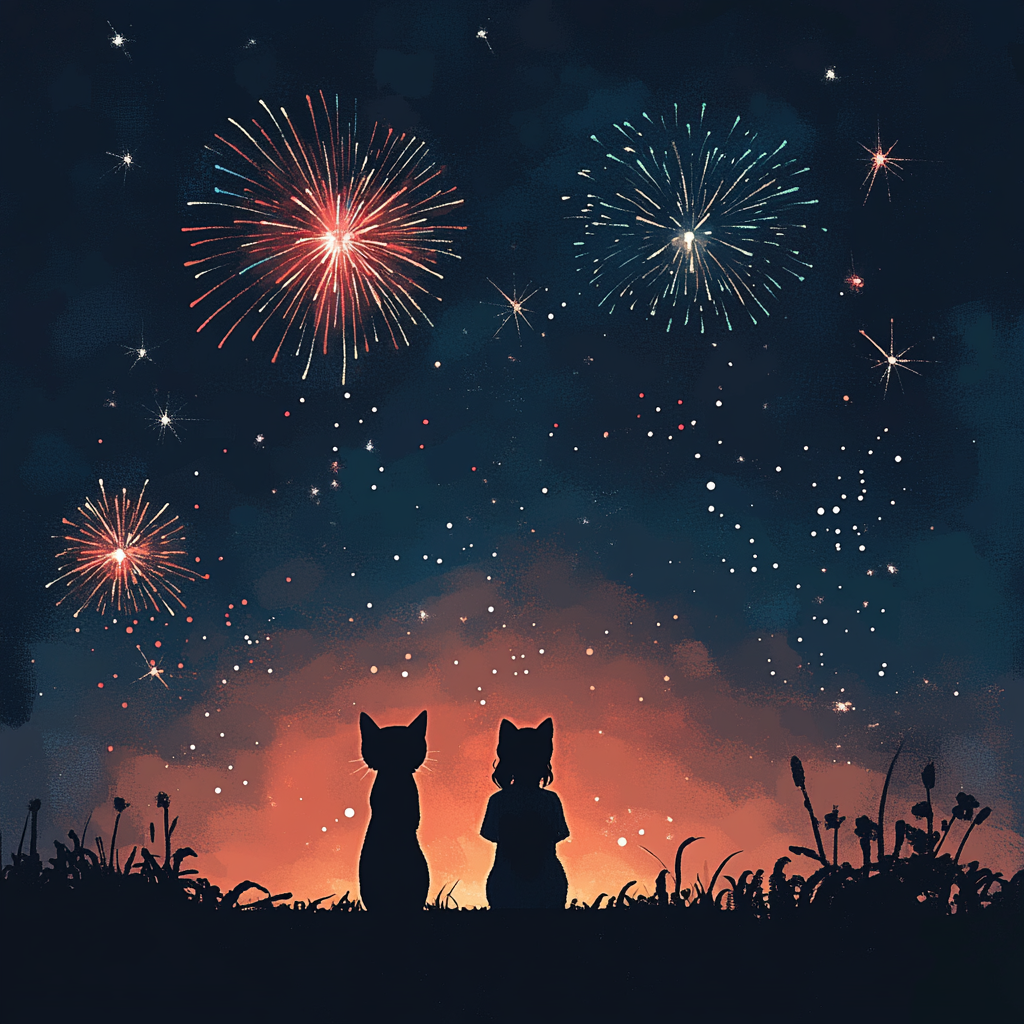 Cat and woman watching fireworks in the sky.