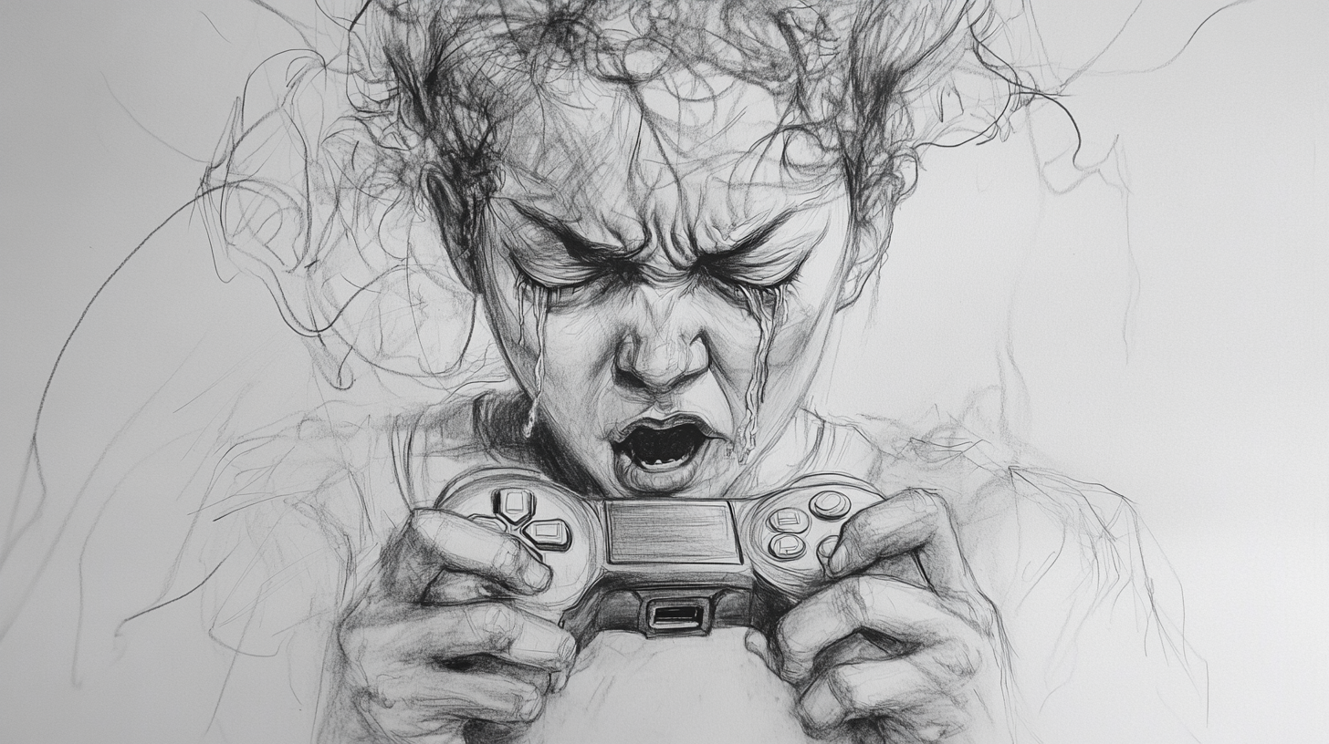 Chaotic figure grips game controller, crying tears of despair.