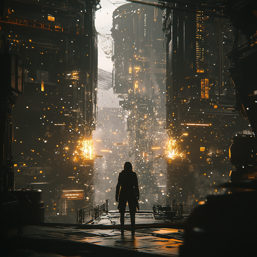 Character standing in dark, golden, silver industrial environment with particles.