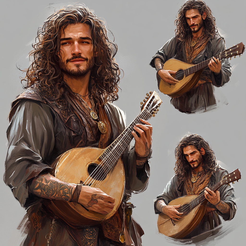 Charming bard with tattooes, piercing, long curly hair, lute.