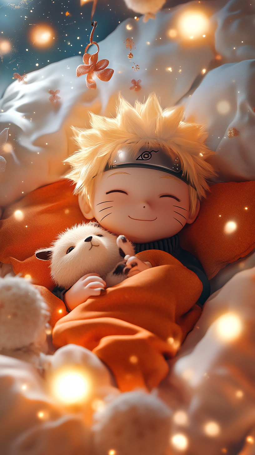 Chibi Baby Naruto hugging plush fox in cute crib.