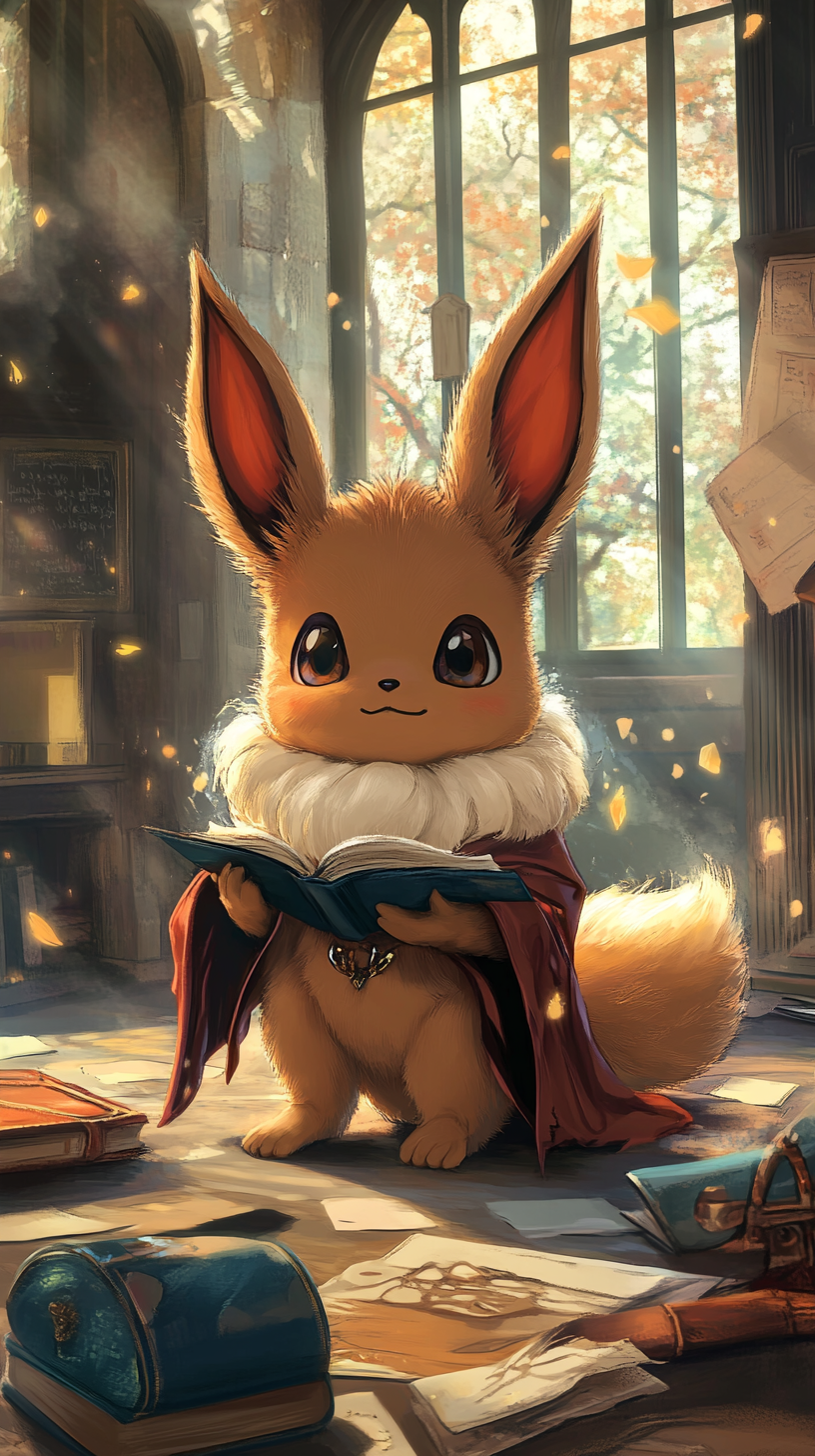 Chibi Eevee in Hogwarts robes casts spells playfully.