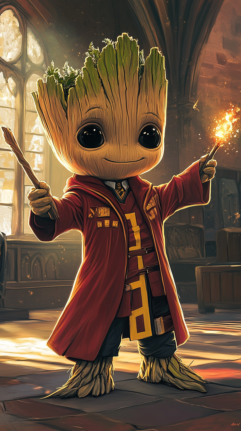 Chibi Groot in Gryffindor robes casting spells bravely