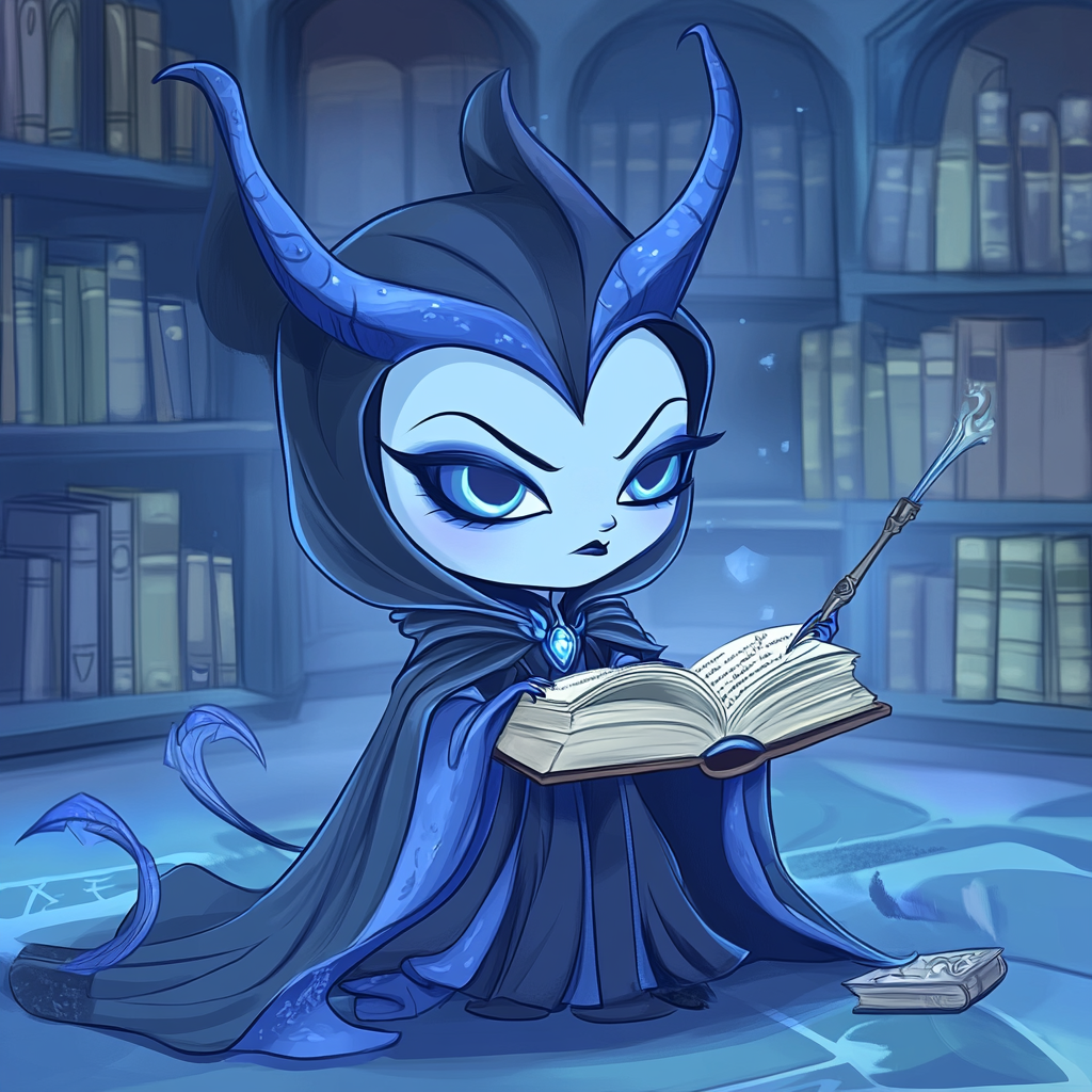 Chibi Maleficent in Ravenclaw robes, studying magical texts.