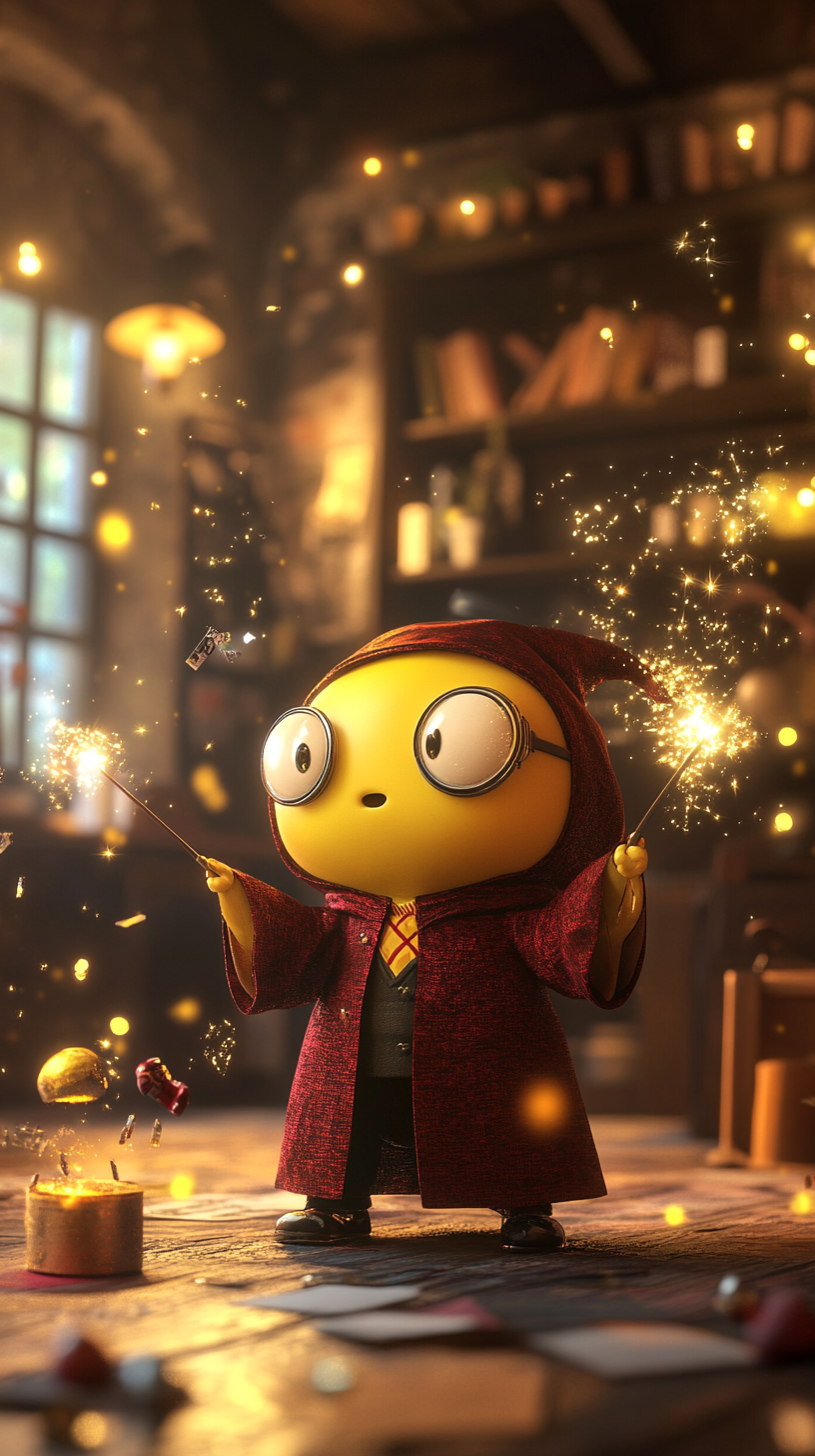 Chibi Minion in Gryffindor robes causing playful magic.