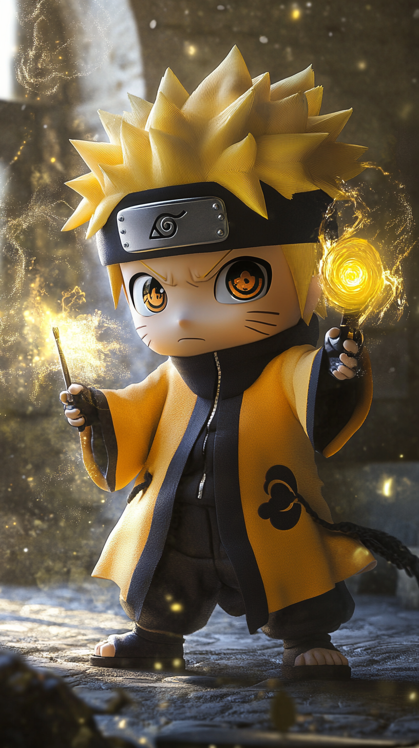 Chibi Naruto in Hufflepuff robes casting spell seriously.