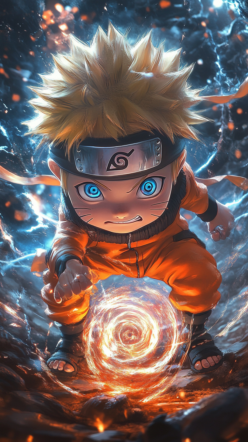 Chibi Naruto in intense battle with swirling chakra energy.