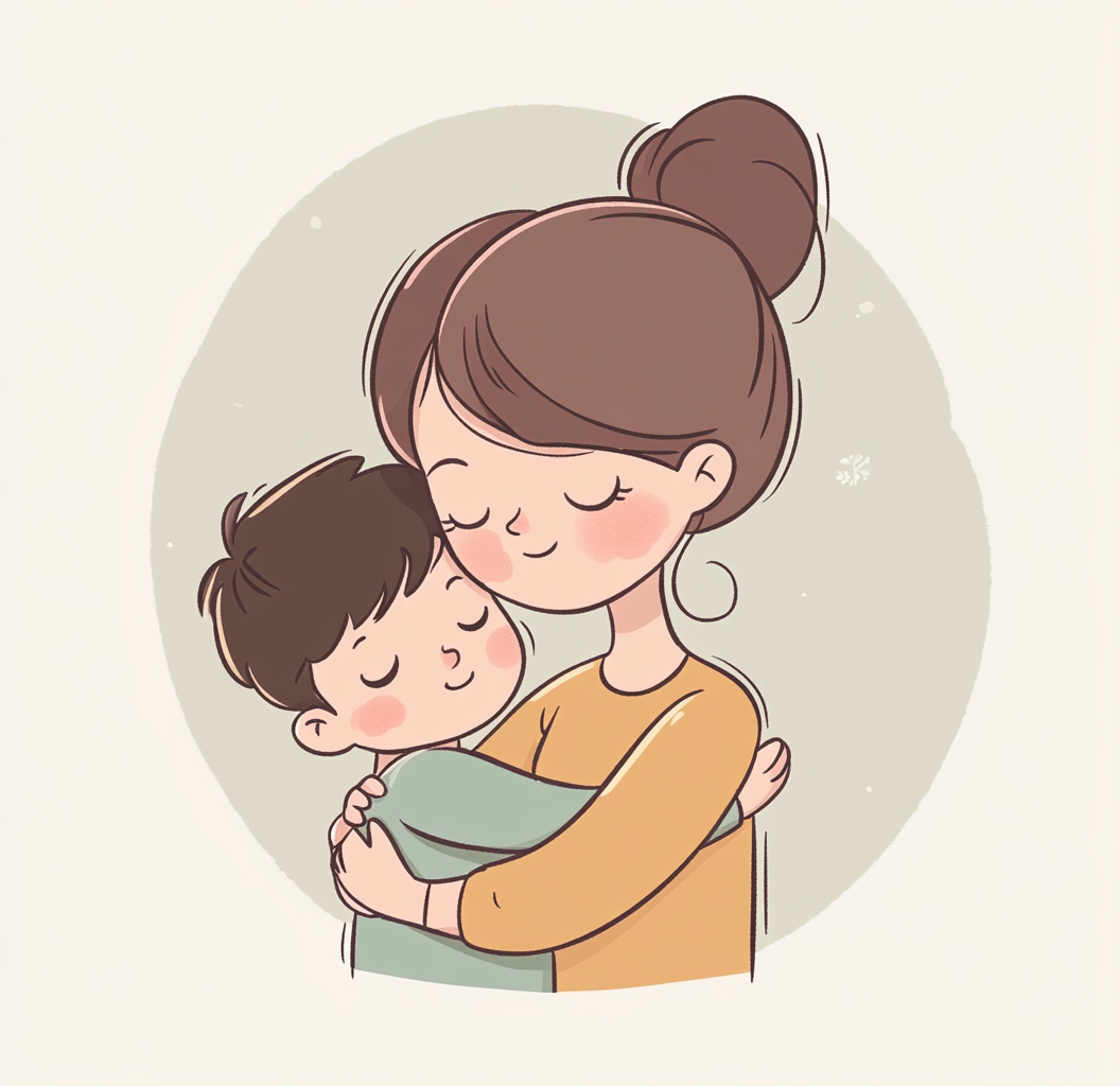 Chibi art style cartoon of mother hugging son.