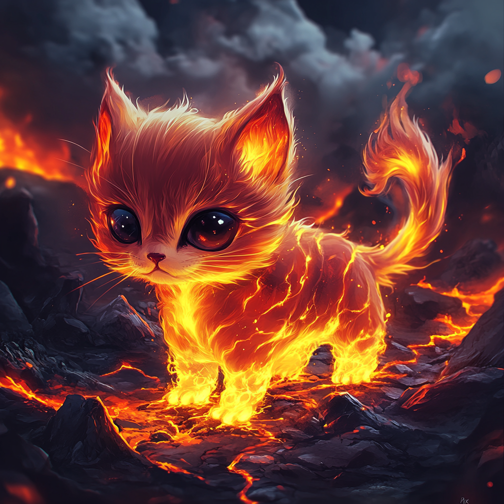 Chibi cat looks like fiery lava in 4K art.