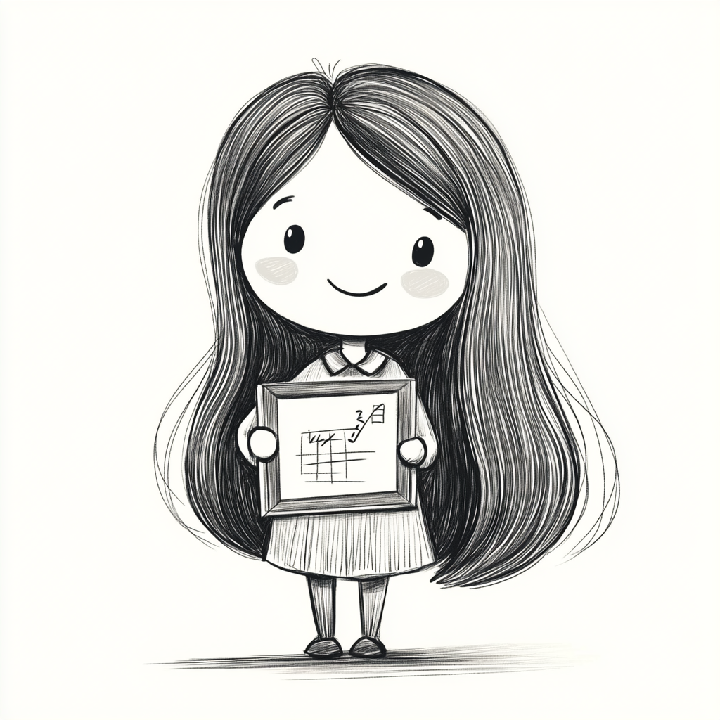 Chibi math teacher with long hair, holding blackboard.