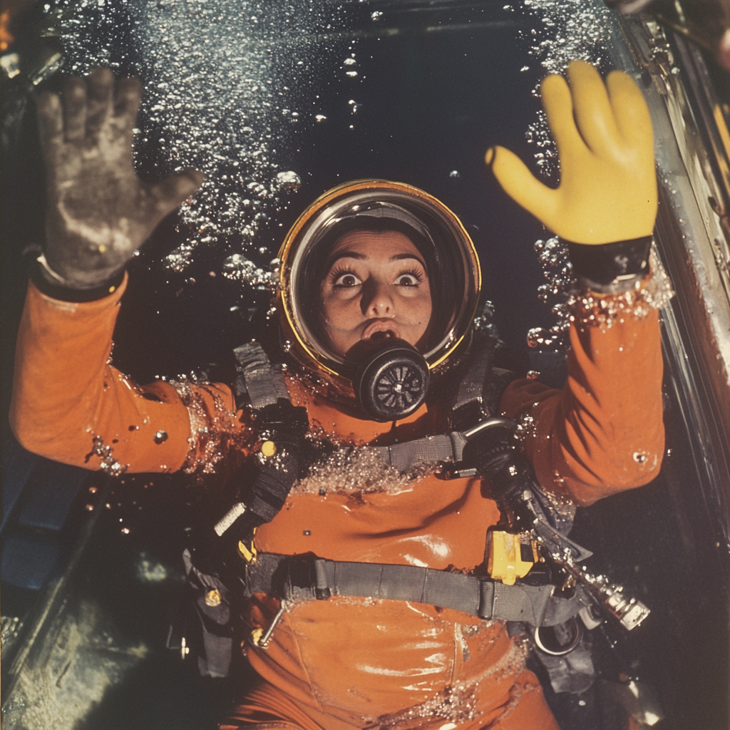 Chilean woman in orange drysuit diving inside sunken ship