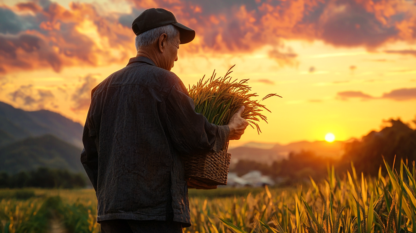 Chinese scientist in rice field at sunset holding plants.