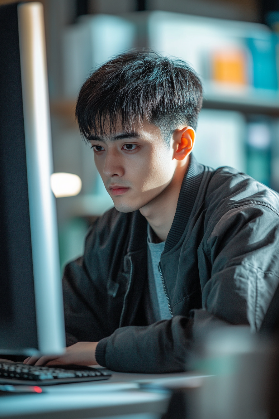 Chinese teacher working at desk with computer monitor.