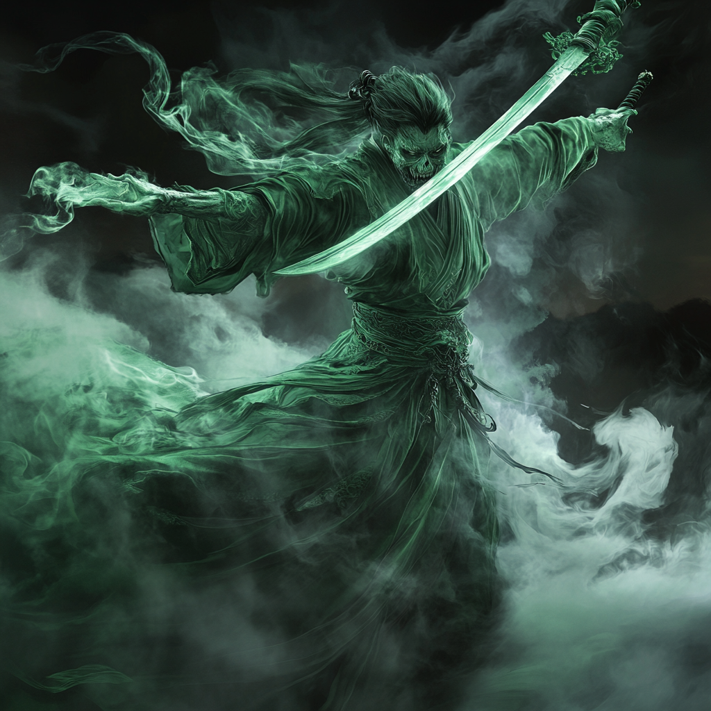 Chinese warrior wielding translucent green sword, swirling smoke, foreshortening.