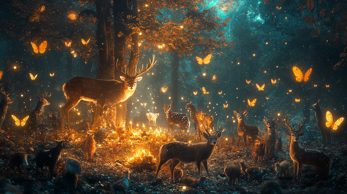 Christmas festival in gorgeous dark forest, with forest animals.