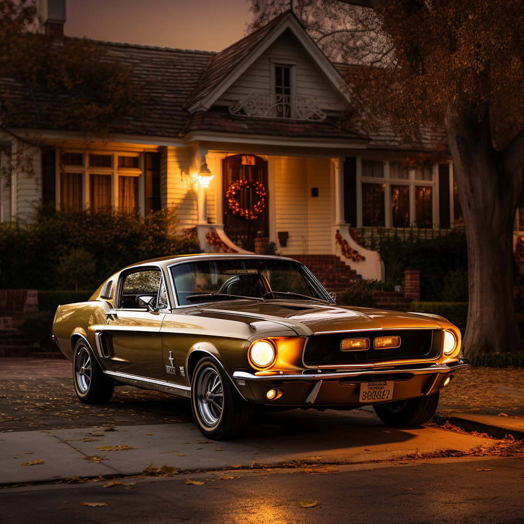 Cinematic 1968 Mustang with American Houses Background