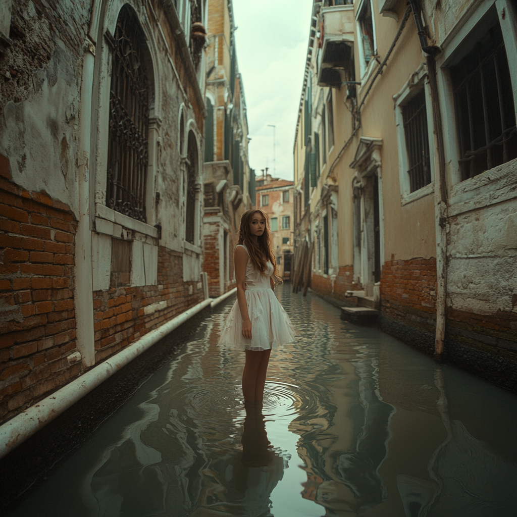 Cinematic photo of a girl in Venice canal, dramatic lighting.