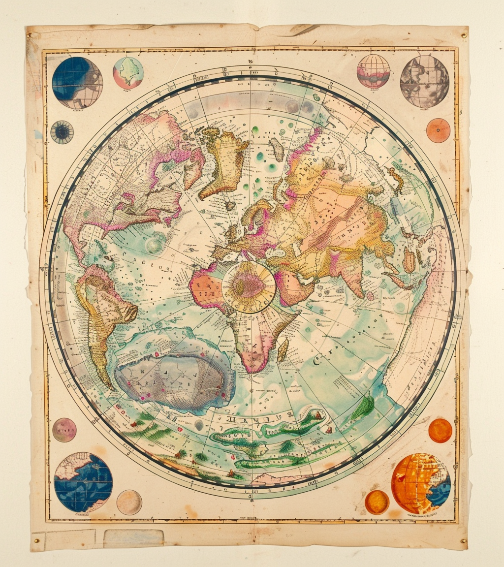 Circular world map with detailed pastel outlines, James Ensor-inspired.