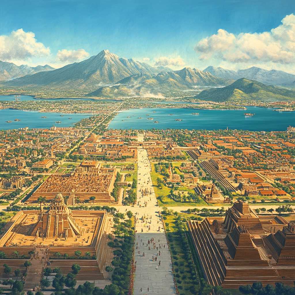 City of Tenochtitlán surrounded by mountains and lake Texcoco.