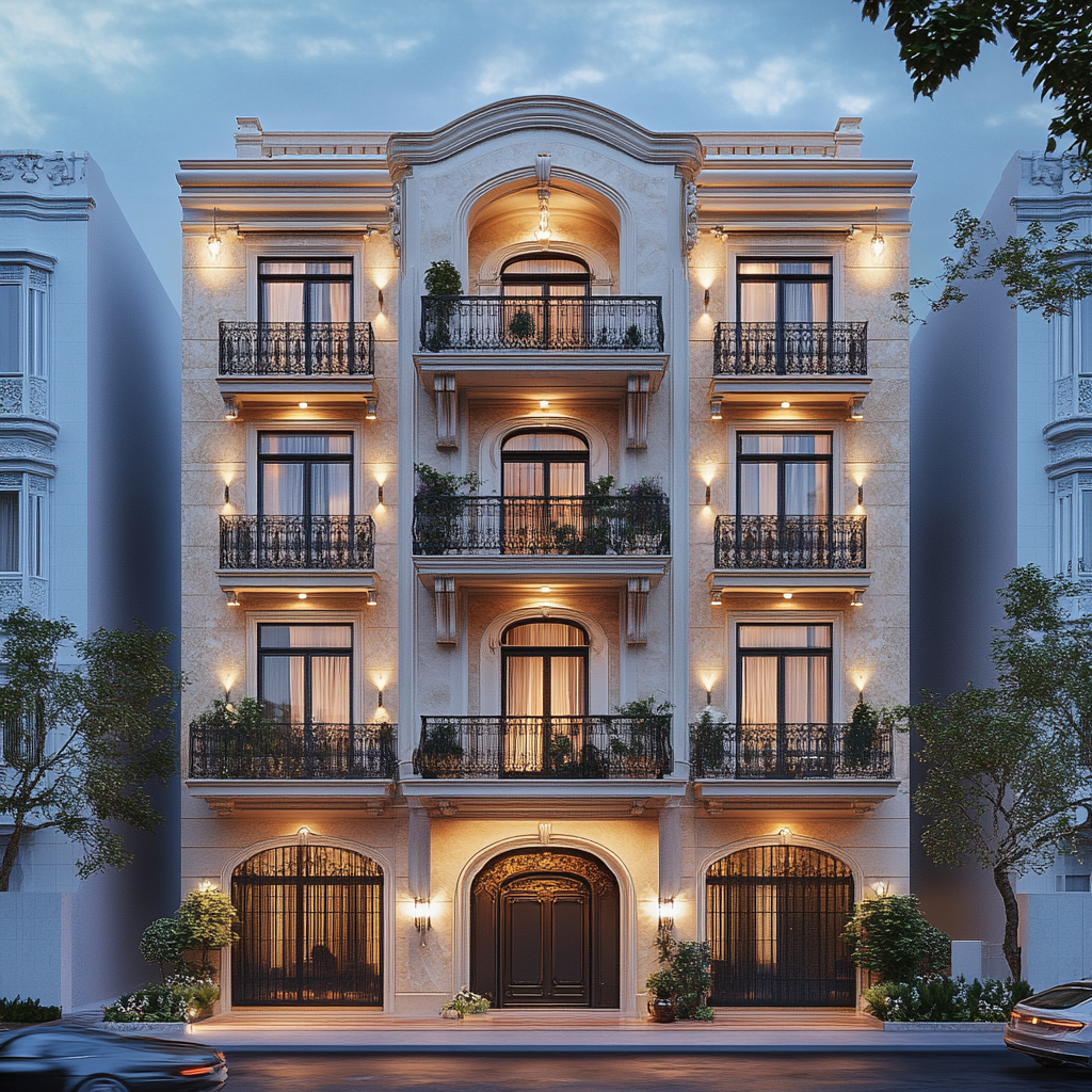 Classical building with penthouse, balconies, and neighboring buildings.