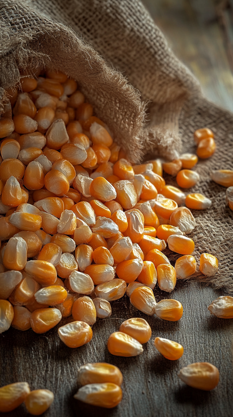 Close-up image of cracked corn kernels for animal feed.