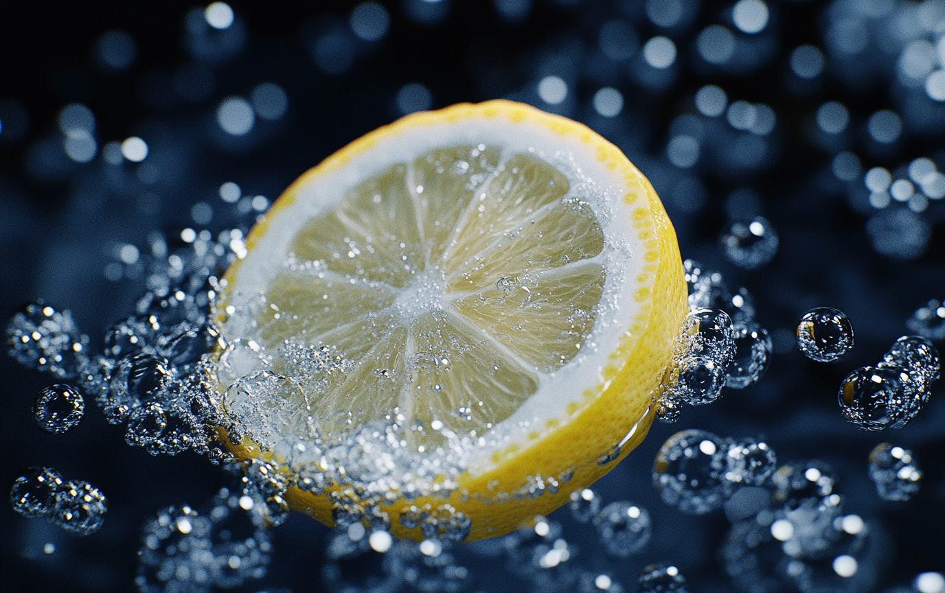 Close-up lemon slice in sparkling water, vibrant contrast.