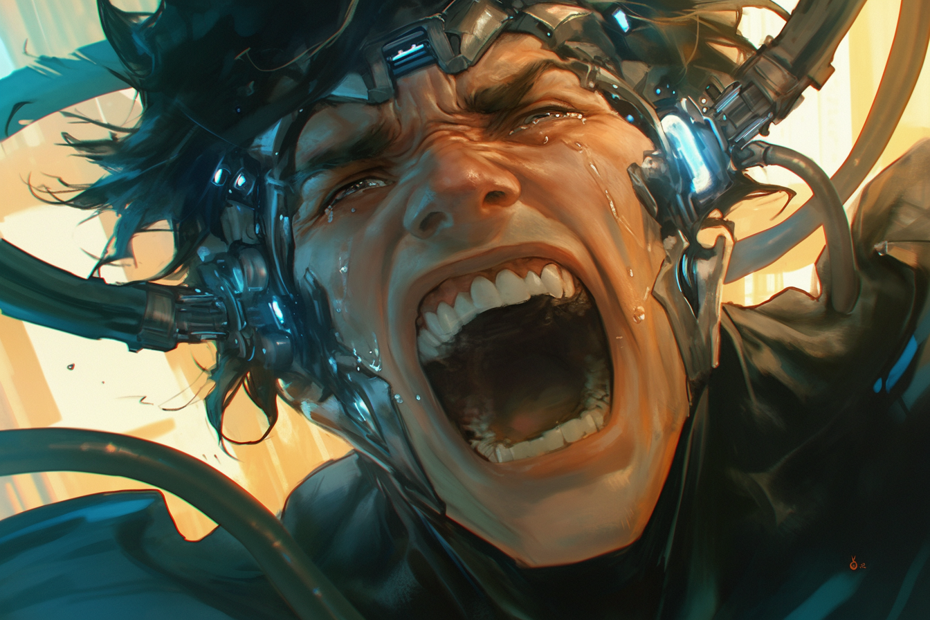 Close-up man with cybernetic face in realistic horror art