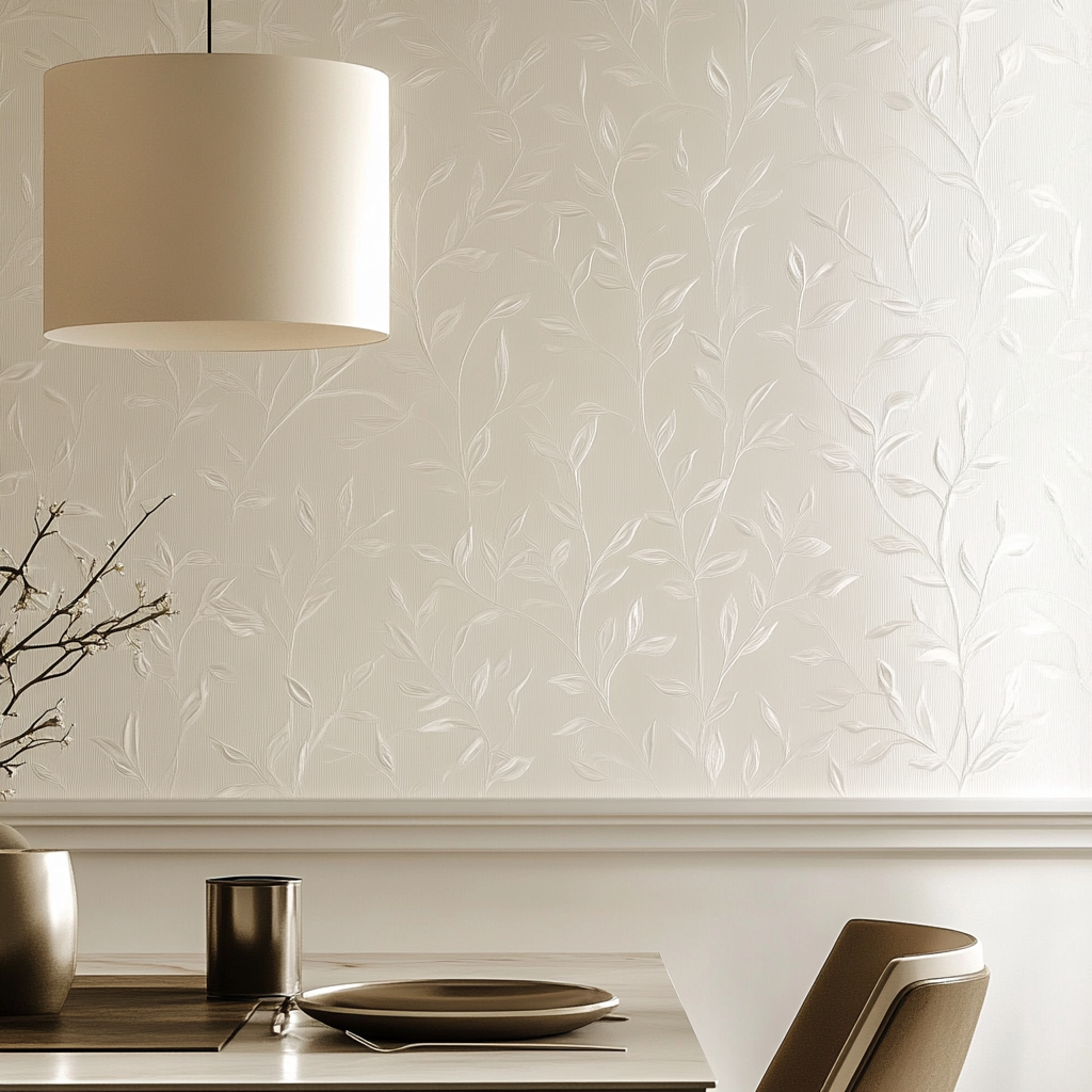 Close-up of dining room wall showcasing detailed wallpaper design.