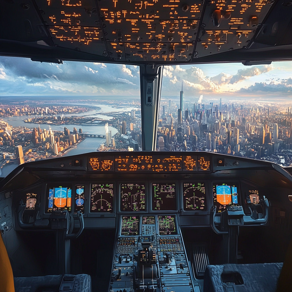 Cockpit view landing at big city airport 