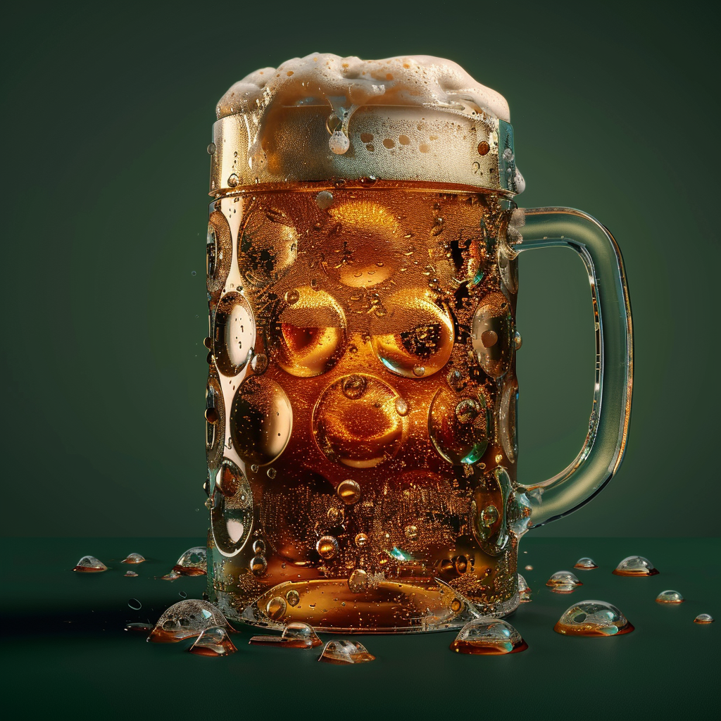 Cold Oktoberfest beer mug from below, dark green background