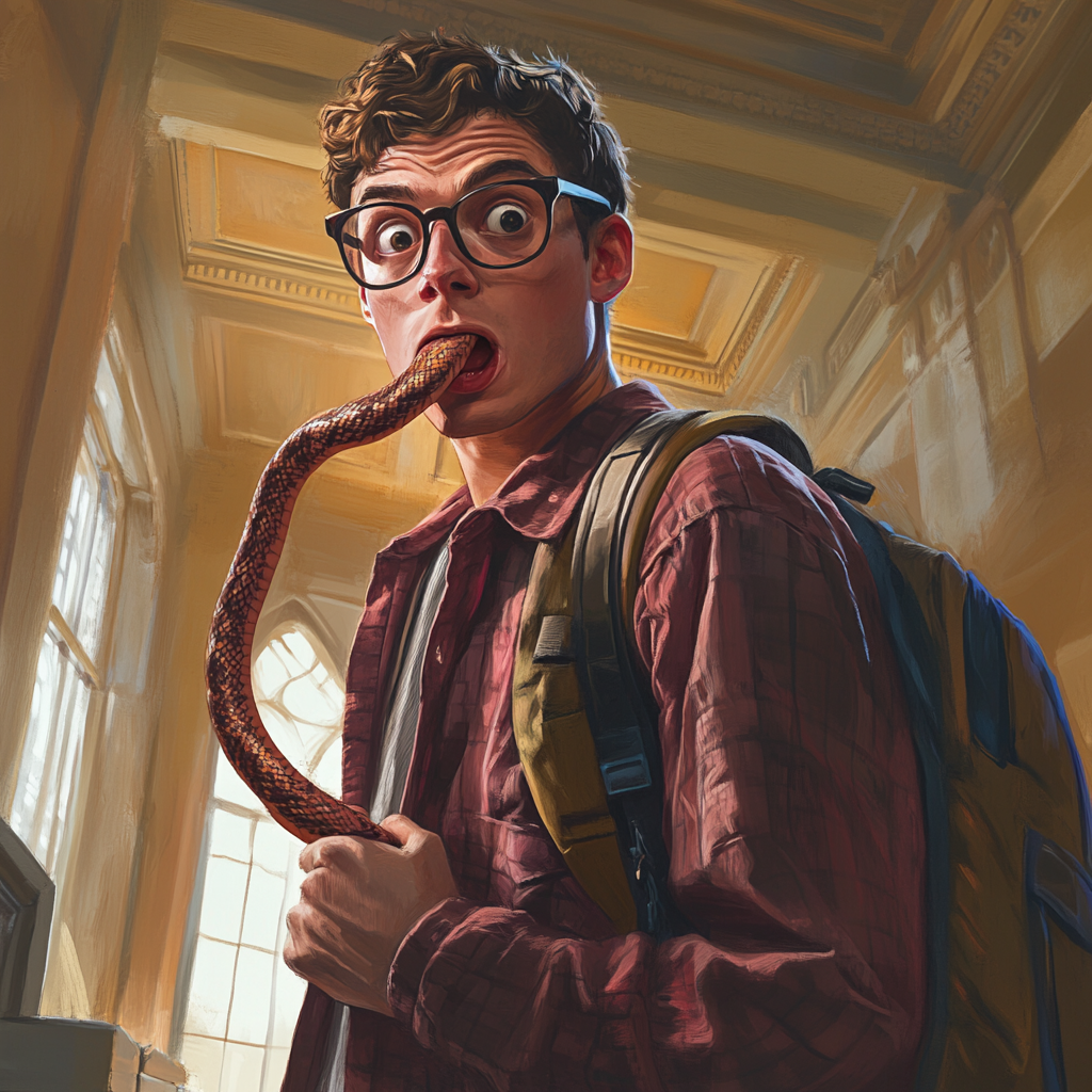 College student superhero with snake-like tongue, glasses, backpack.