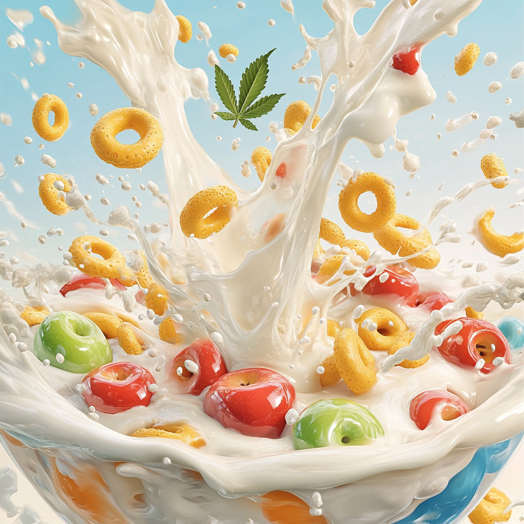 Colorful Apple Jacks cereal with playful THC leaves splashy.