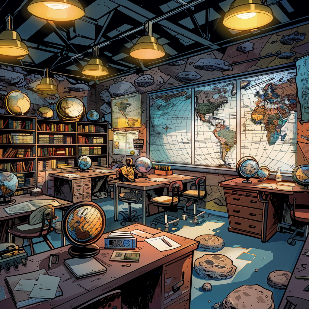 Colorful classroom with maps, globes, rocks, curious students.